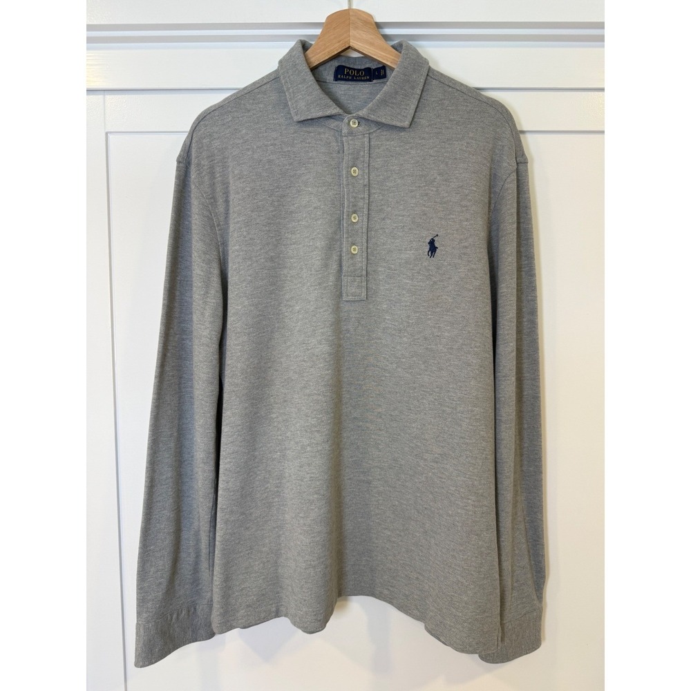 Polo Ralph Lauren Mens Long Sleeve Polo Shirt Heather Grey Cotton Pique Large